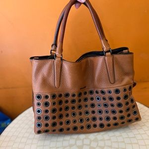 COACH Borough Grommets Cameral Brown Pebble Leather Satchel Bag #F32339